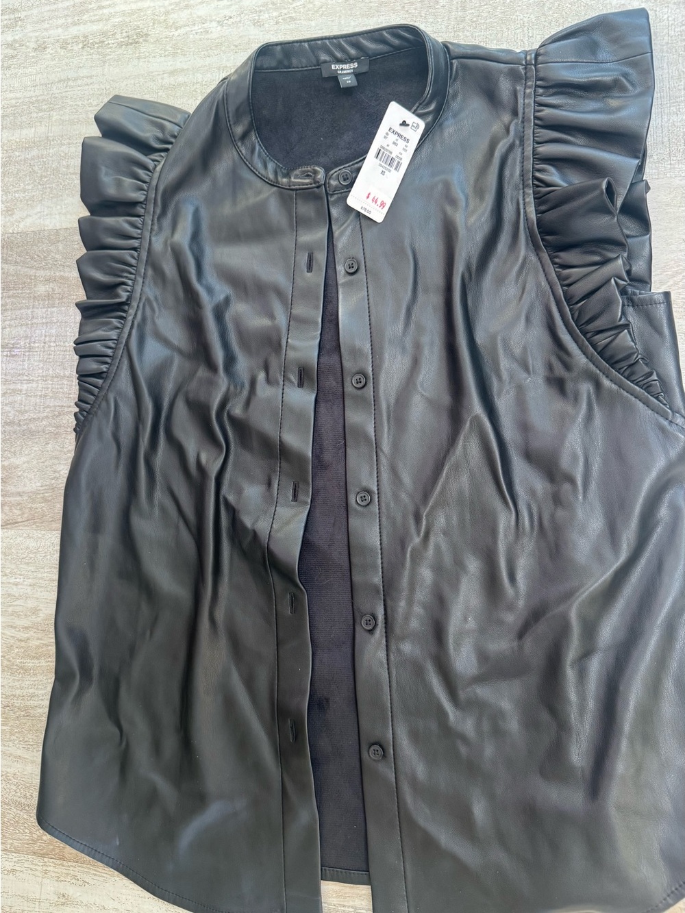 Express Black Faux Leather Button-Up Collarless Jacket
